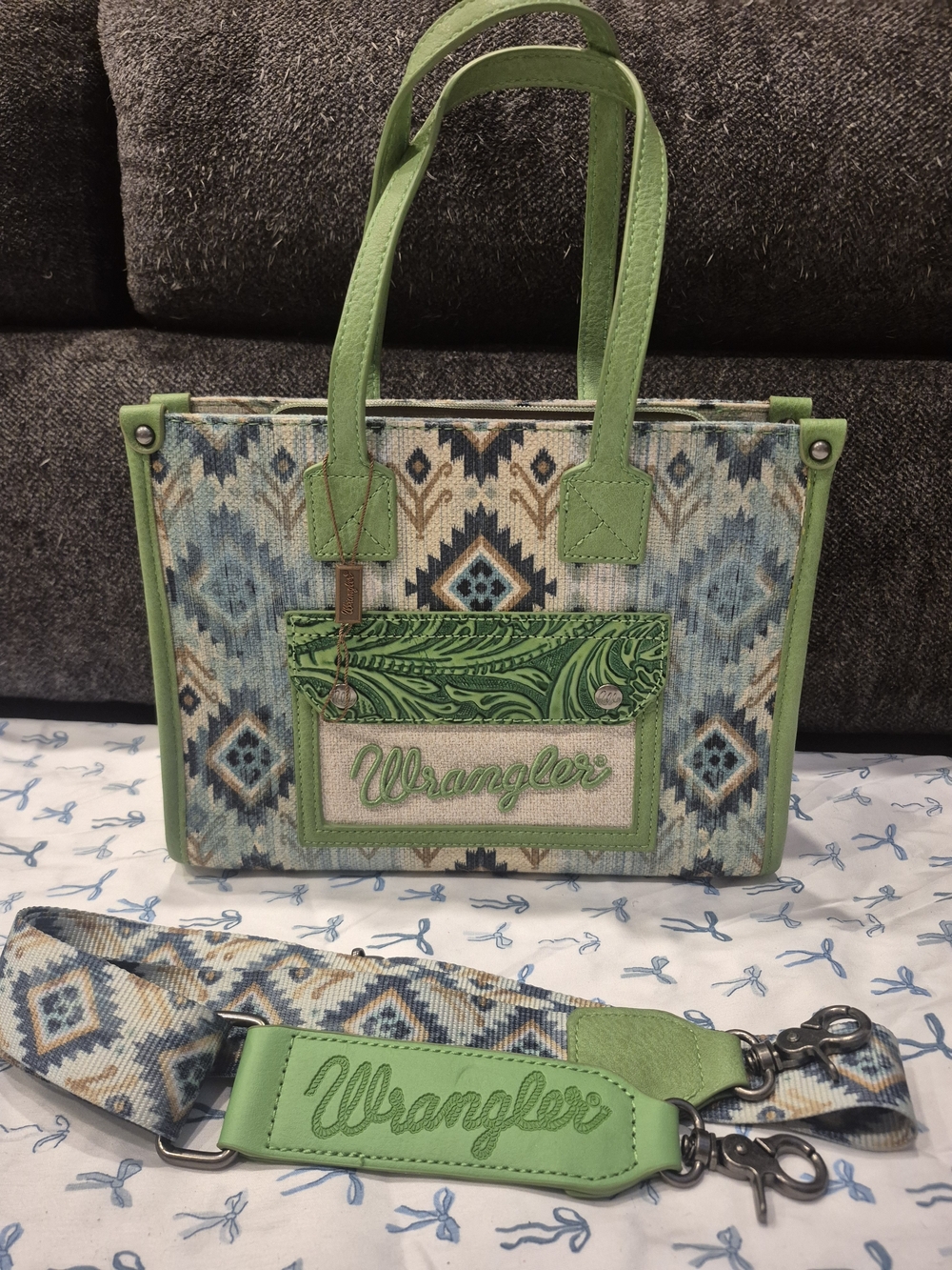 Wrangler Green Geometric Crossbody Tote with Detachable Strap